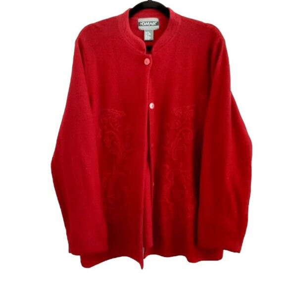 Vintage 100% Wool Red Cardigan Sweater Button Front Ornate Embroidery Holiday XL - Picture 3 of 14
